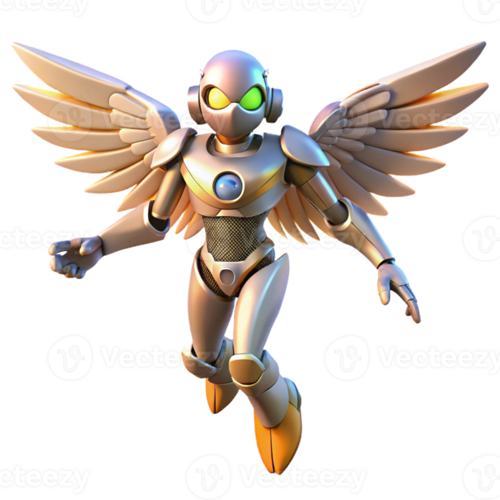 stunning classic wonderful abstract A humanoid robot with bird-like wings flying over a futuristic city, sunset lighting, anime style high quality genuine png