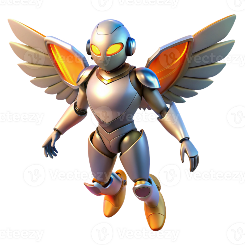 magnificent abstract elegant classic A humanoid robot with bird-like wings flying over a futuristic city, sunset lighting, anime style detailed exclusive png