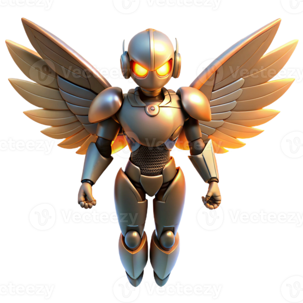 magnificent minimalist magnificent creative A humanoid robot with bird-like wings flying over a futuristic city, sunset lighting, anime style professional exclusive png