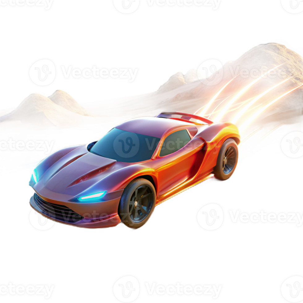 dramatic contemporary beautiful classic A futuristic racing car with glowing energy trails speeding through a desert landscape, vibrant, dynamic lighting, digital art style premium high resolution png