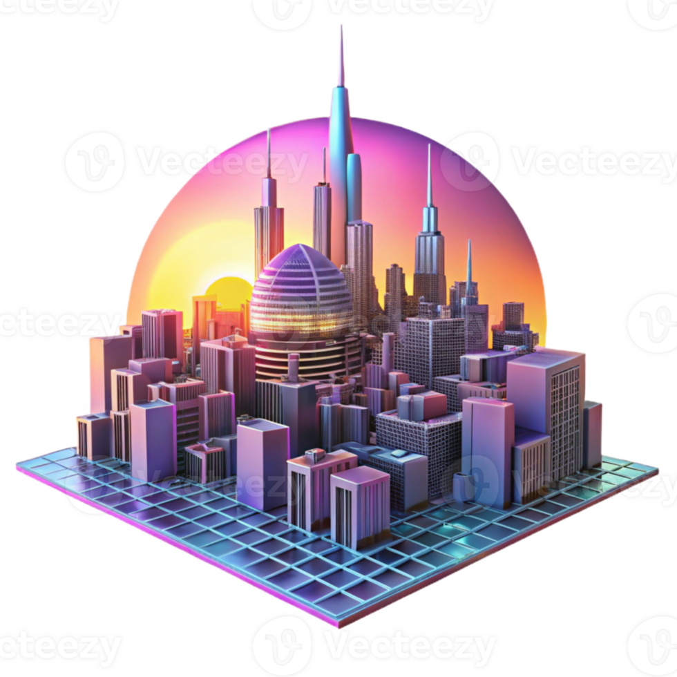 elegant vintage elegant modern Intricate circuitry patterns forming a futuristic cityscape at sunset, rendered in a vibrant, synthwave style, with lens flares professional 4K png