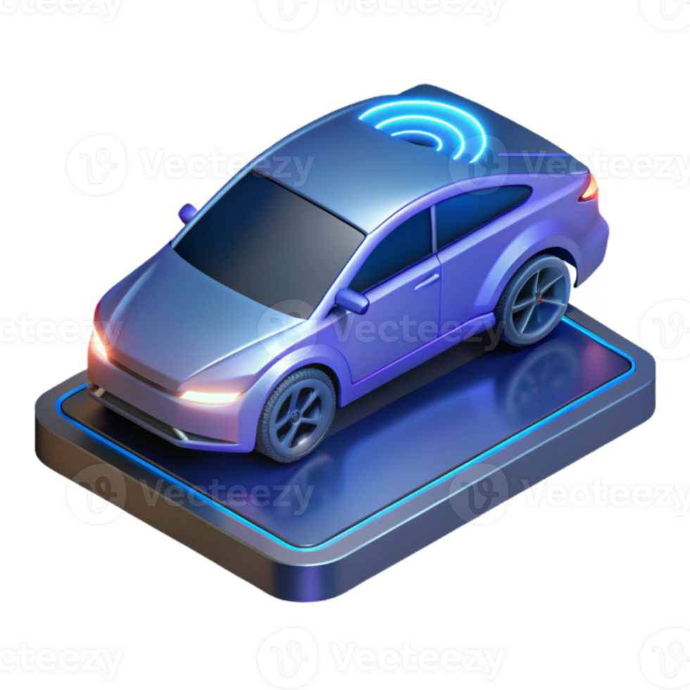 dramatic minimalist serene modern A sleek, levitating electric car charging wirelessly, depicted in a minimalist, isometric style, with cool, neon lighting detailed 4K png