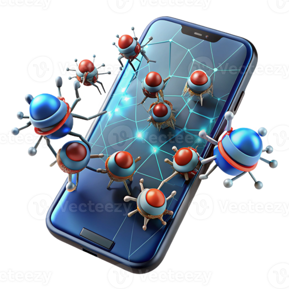 beautiful vintage vibrant creative A swarm of nanobots repairing a cracked smartphone screen, illustrated in a highly magnified, scientific style, with bright, microscopic lighting professional... png