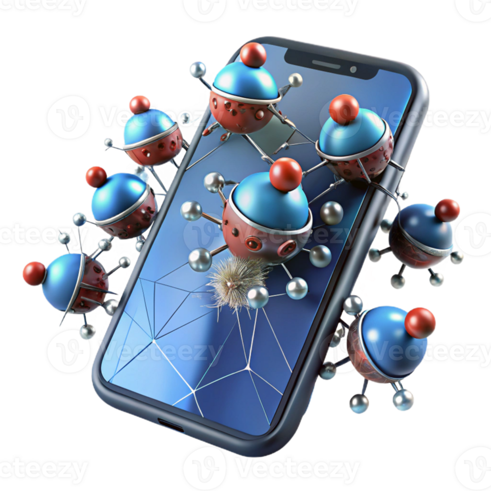 serene artistic dramatic traditional A swarm of nanobots repairing a cracked smartphone screen, illustrated in a highly magnified, scientific style, with bright, microscopic lighting 4K original png