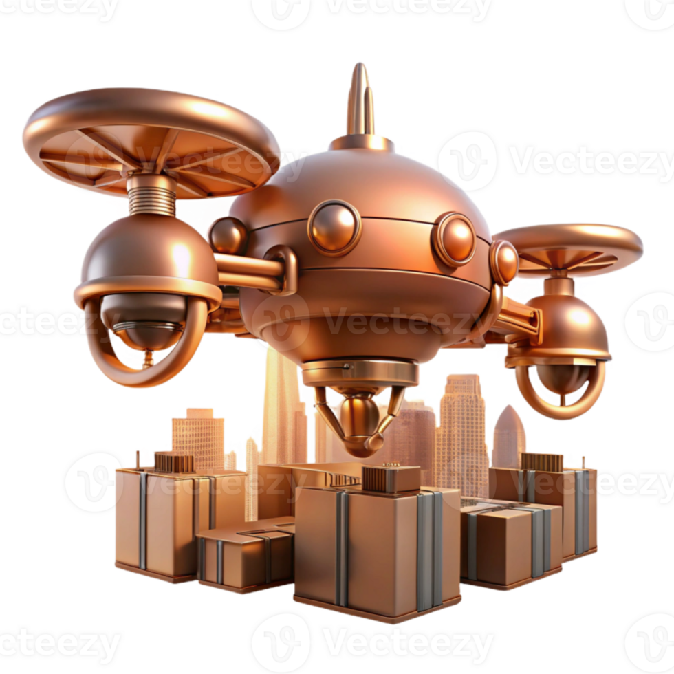 vibrant contemporary stunning abstract A steampunk-inspired drone delivering a package through a futuristic city, rendered in a detailed, illustrative style, with warm, sepia-toned lighting... png