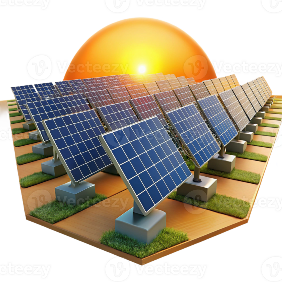 extraordinary artistic impressive artistic A field of solar panels stretching towards the horizon, depicted in a photorealistic, landscape style, with warm, golden hour lighting genuine 4K png