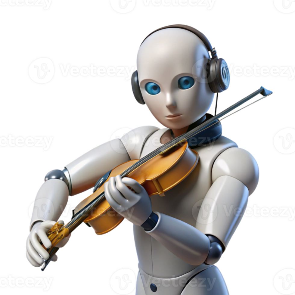 impressive abstract impressive vintage A humanoid robot playing a violin, depicted in a melancholic, realistic style, with soft, theatrical lighting premium exclusive png