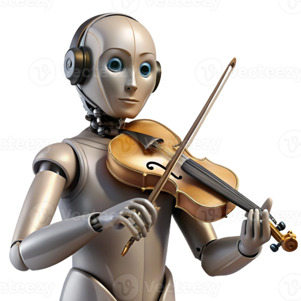elegant minimalist serene traditional A humanoid robot playing a violin, depicted in a melancholic, realistic style, with soft, theatrical lighting premium professional png