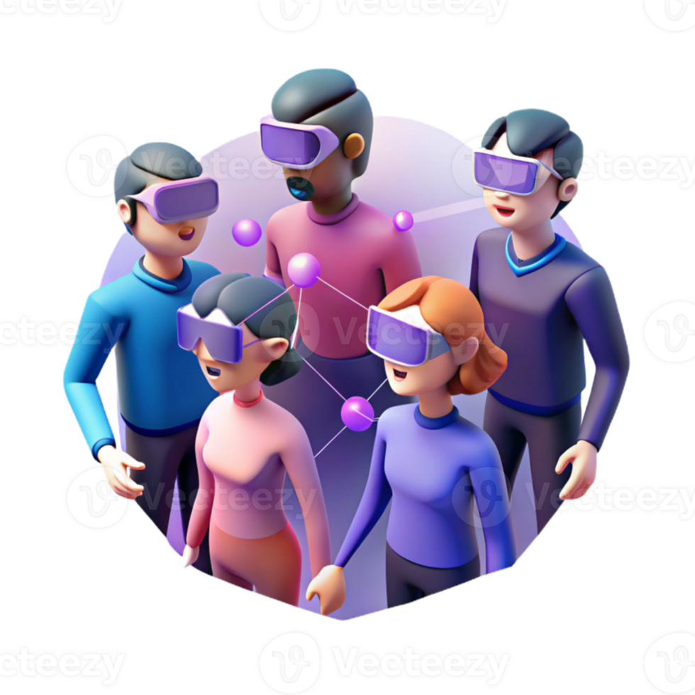 impressive vintage wonderful classic A group of people wearing virtual reality headsets interacting in a virtual world, illustrated in a stylized, low-poly style, with bright, neon lighting... png