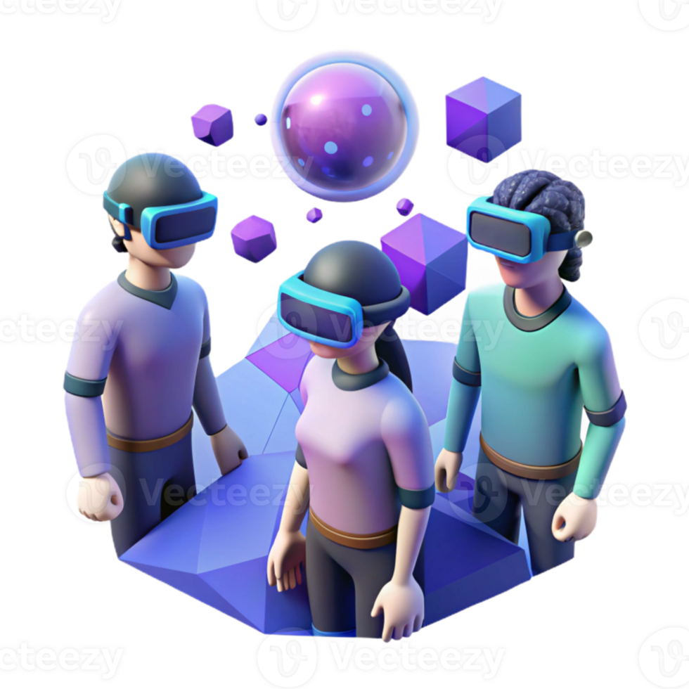 impressive contemporary stunning creative A group of people wearing virtual reality headsets interacting in a virtual world, illustrated in a stylized, low-poly style, with bright, neon lighting... png