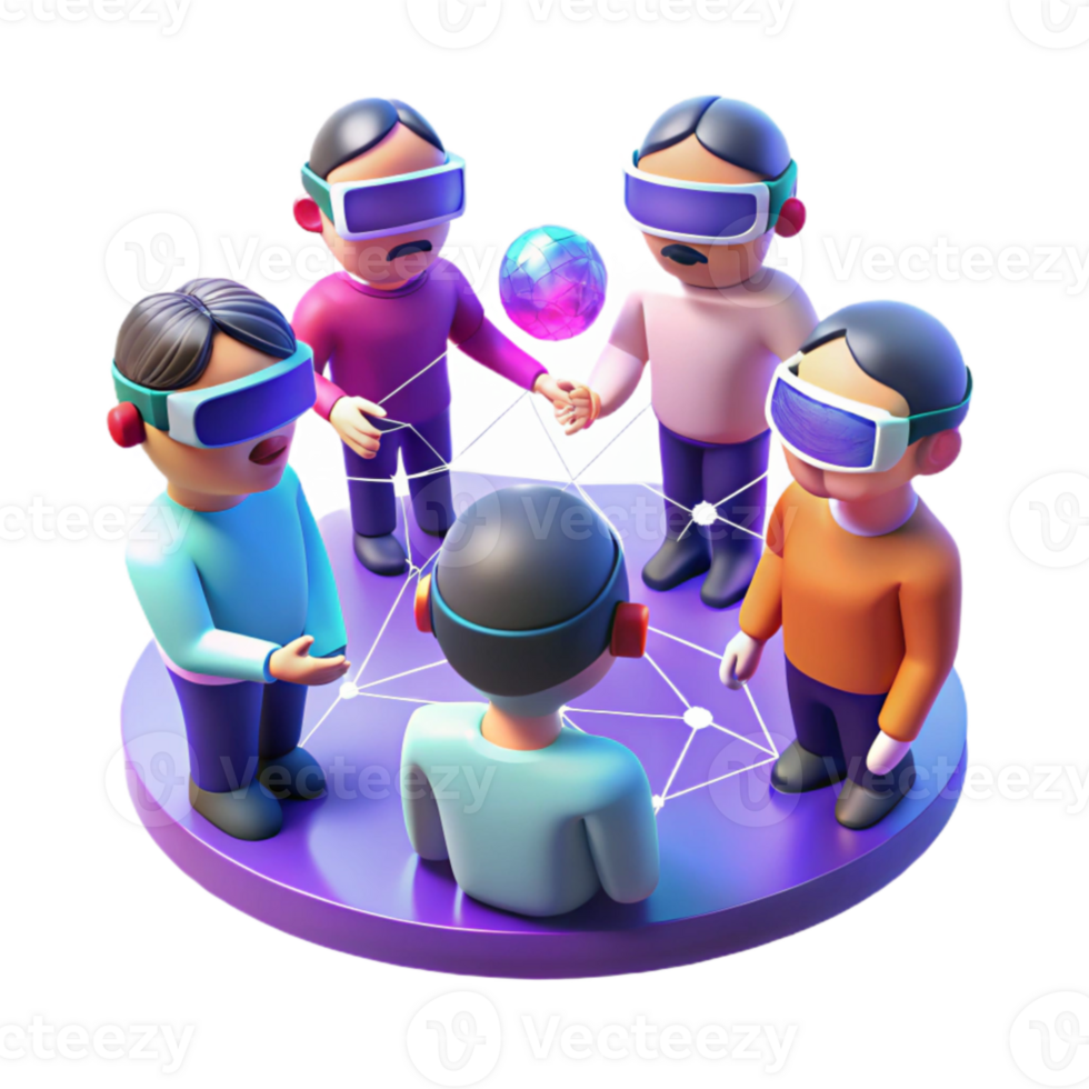 serene rustic wonderful abstract A group of people wearing virtual reality headsets interacting in a virtual world, illustrated in a stylized, low-poly style, with bright, neon lighting detailed... png