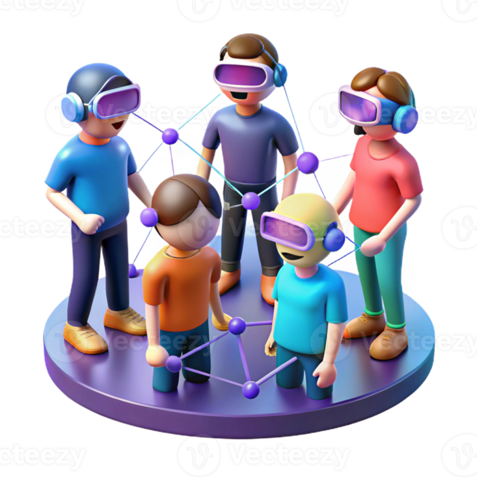 wonderful minimalist beautiful rustic A group of people wearing virtual reality headsets interacting in a virtual world, illustrated in a stylized, low-poly style, with bright, neon lighting... png