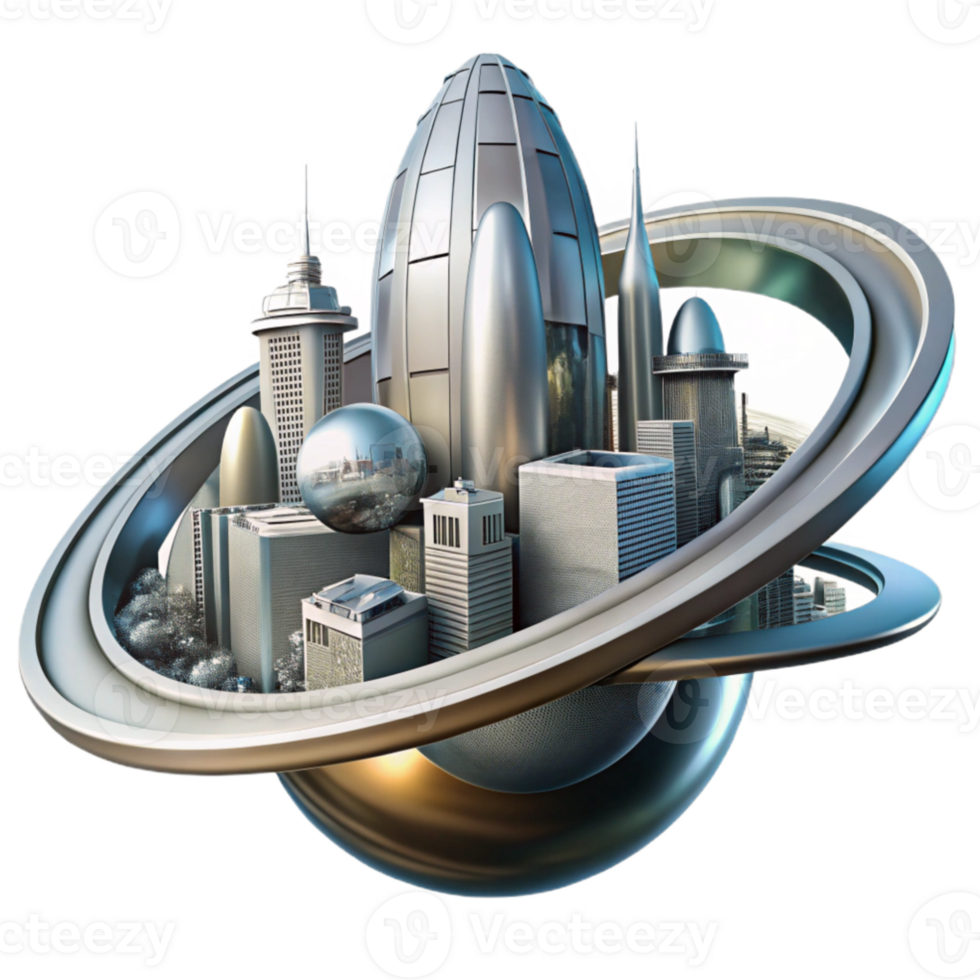 impressive modern impressive artistic A towering, chrome metropolis built on the rings of Saturn, Art Deco architecture, bathed in the cool, ethereal light of the planet's rings.... png