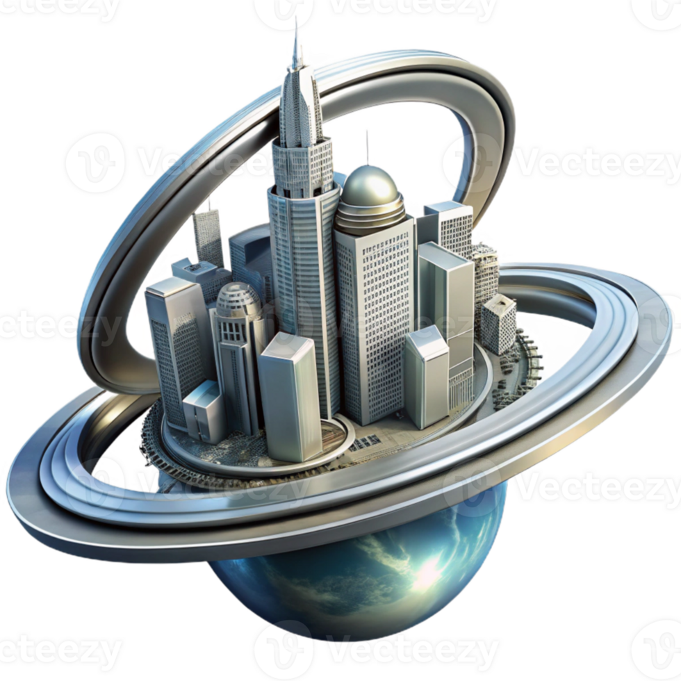 impressive vintage stunning artistic A towering, chrome metropolis built on the rings of Saturn, Art Deco architecture, bathed in the cool, ethereal light of the planet's rings.... png