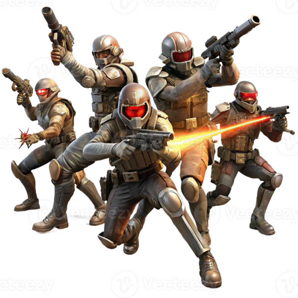 magnificent vintage beautiful creative A group of space pirates in tattered leather and chrome armor engage in a laser gunfight aboard a derelict spaceship.... png