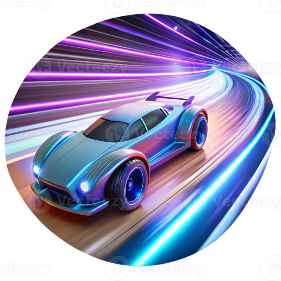 dramatic abstract dramatic vintage A futuristic racing vehicle with glowing energy trails speeds through a neon-lit tunnel on a distant planet. Fast-paced, vibrant, motion blur original professional png