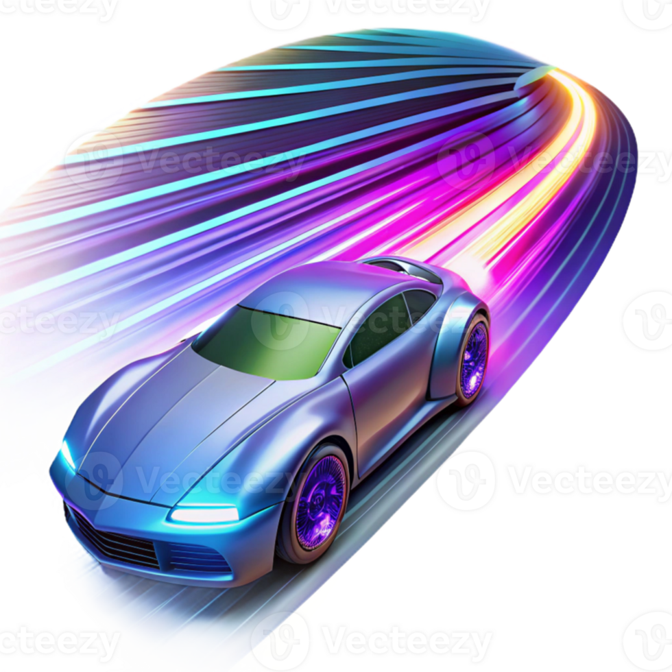 dramatic minimalist beautiful classic A futuristic racing vehicle with glowing energy trails speeds through a neon-lit tunnel on a distant planet.... png