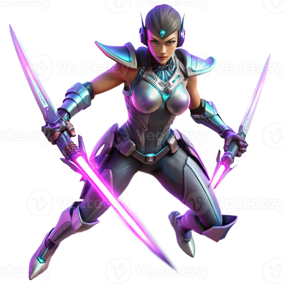 impressive minimalist magnificent modern A powerful, female cyborg warrior with energy blades ignites, preparing for battle in a neon-lit alleyway.... png