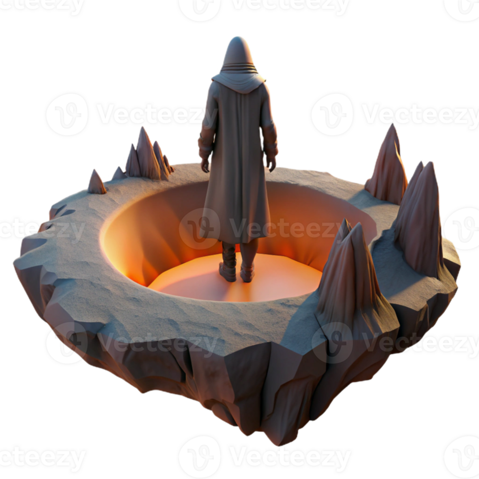 elegant creative magnificent contemporary A lone figure in a hooded cloak stands on the edge of a giant crater overlooking a desolate alien landscape.... png