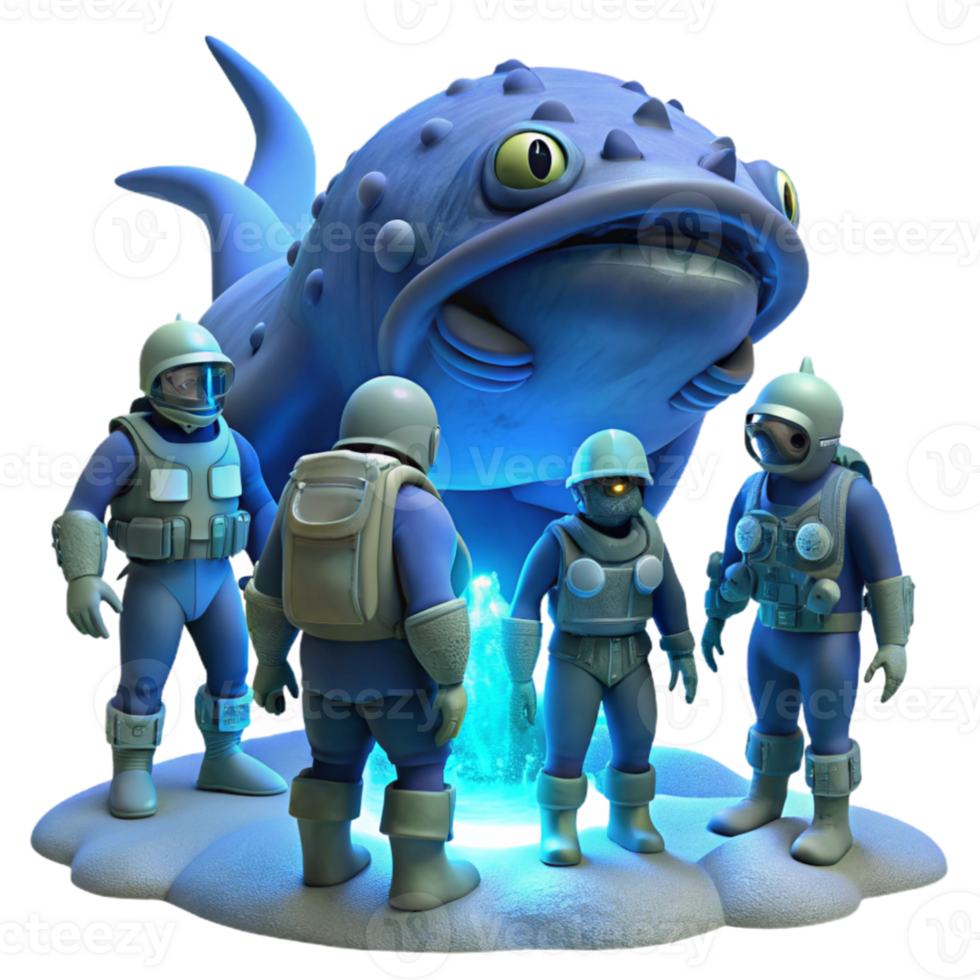 wonderful abstract dramatic artistic A group of explorers in advanced diving suits discover a colossal, bioluminescent creature in the depths of an alien ocean.... png