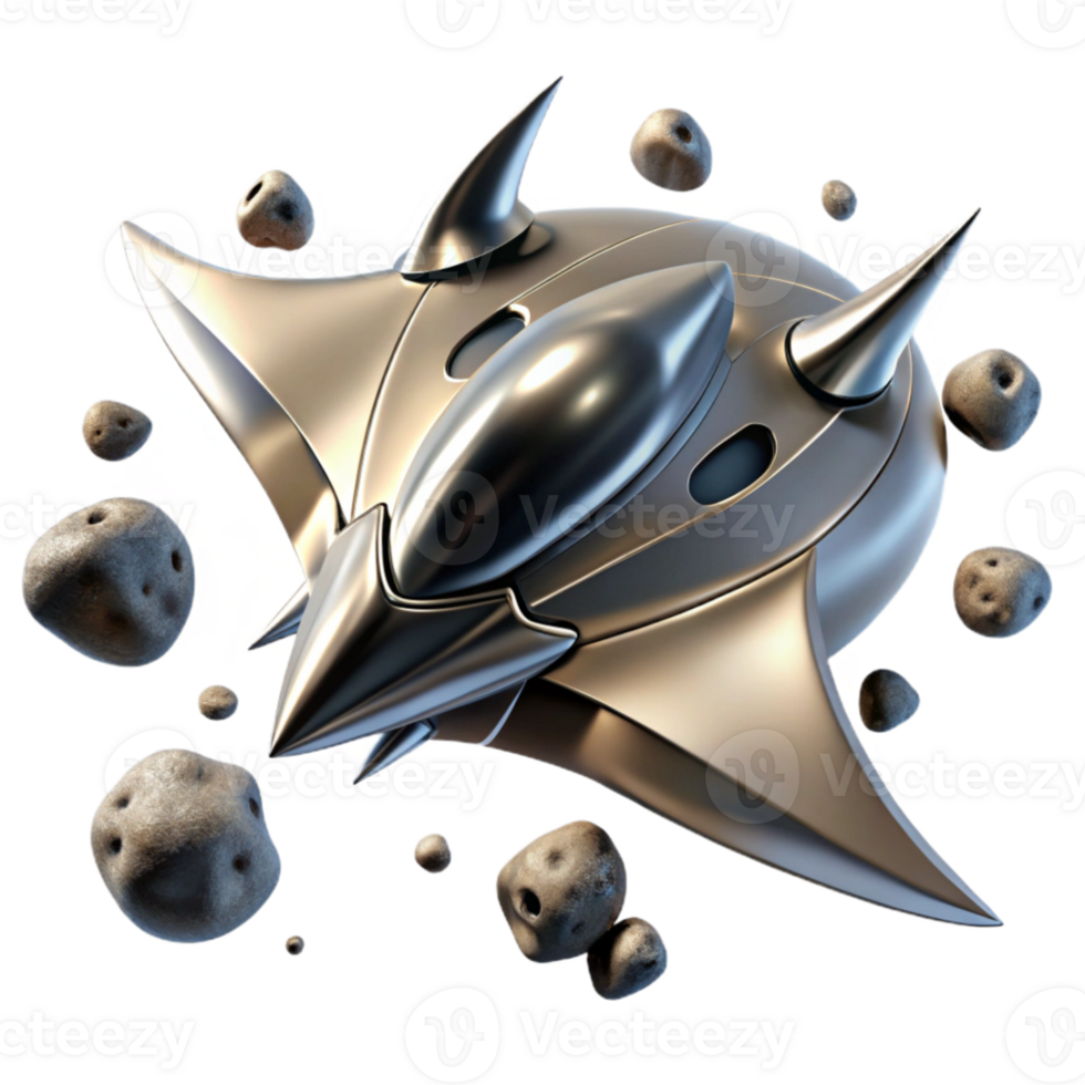 beautiful traditional magnificent modern A sleek, chrome spaceship, shaped like a manta ray, soaring through a field of asteroids.... png