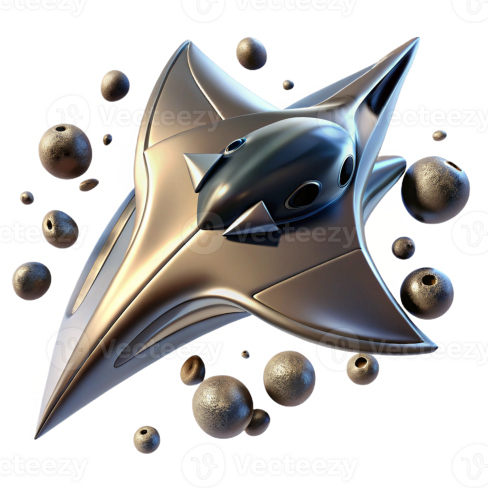 serene contemporary magnificent contemporary A sleek, chrome spaceship, shaped like a manta ray, soaring through a field of asteroids.... png