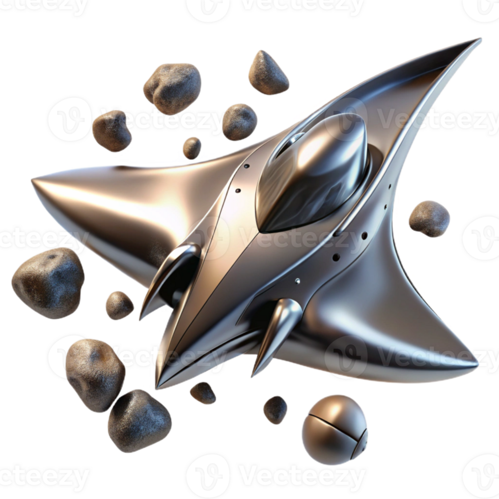 elegant vintage magnificent contemporary A sleek, chrome spaceship, shaped like a manta ray, soaring through a field of asteroids.... png