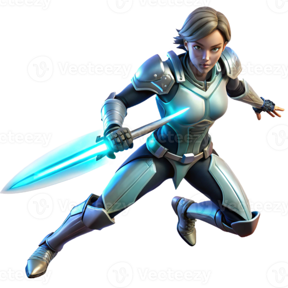 serene modern magnificent creative A powerful, female warrior in futuristic armor, wielding a glowing energy sword, stands ready for battle.... png