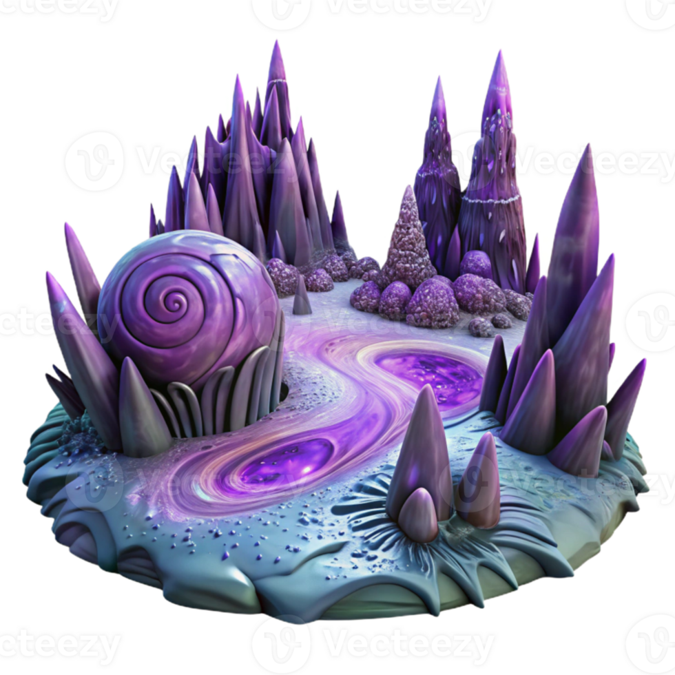 dramatic creative vibrant abstract A vast, alien landscape with strange, crystalline formations and a swirling purple sky. Ethereal, otherworldly lighting.... png