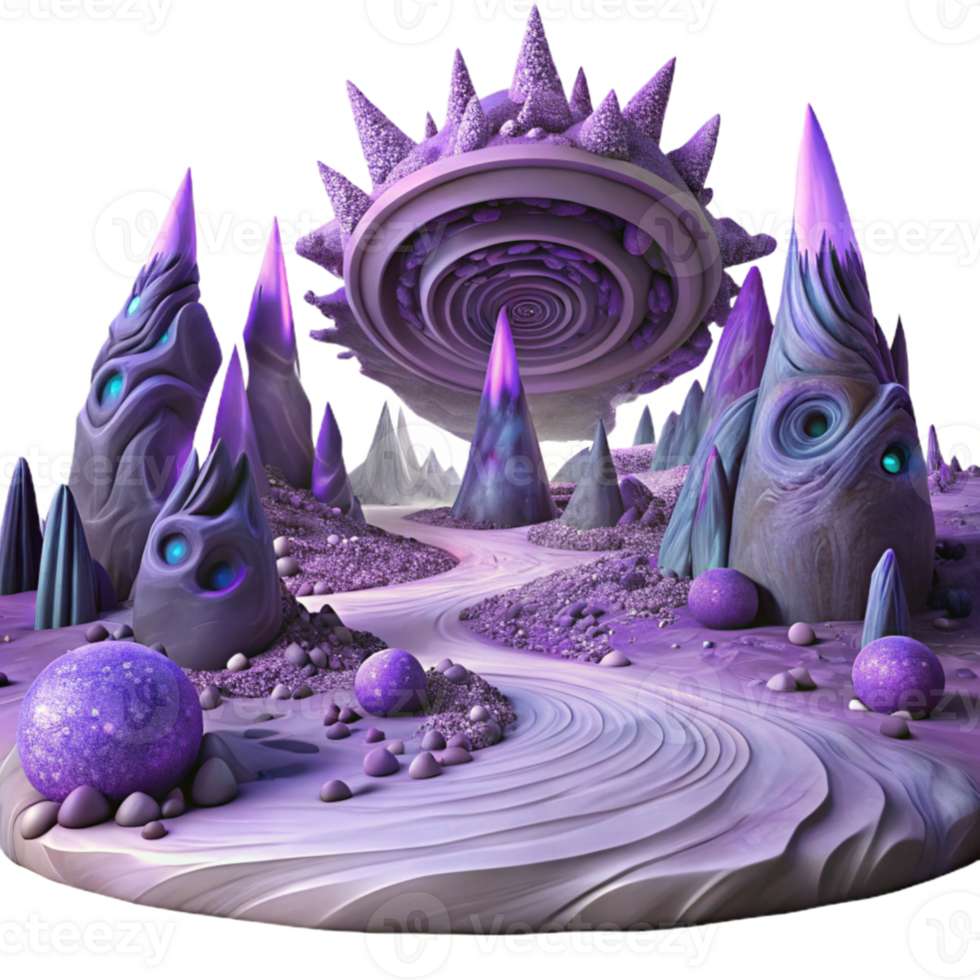 vibrant minimalist magnificent contemporary A vast, alien landscape with strange, crystalline formations and a swirling purple sky. Ethereal, otherworldly lighting.... png