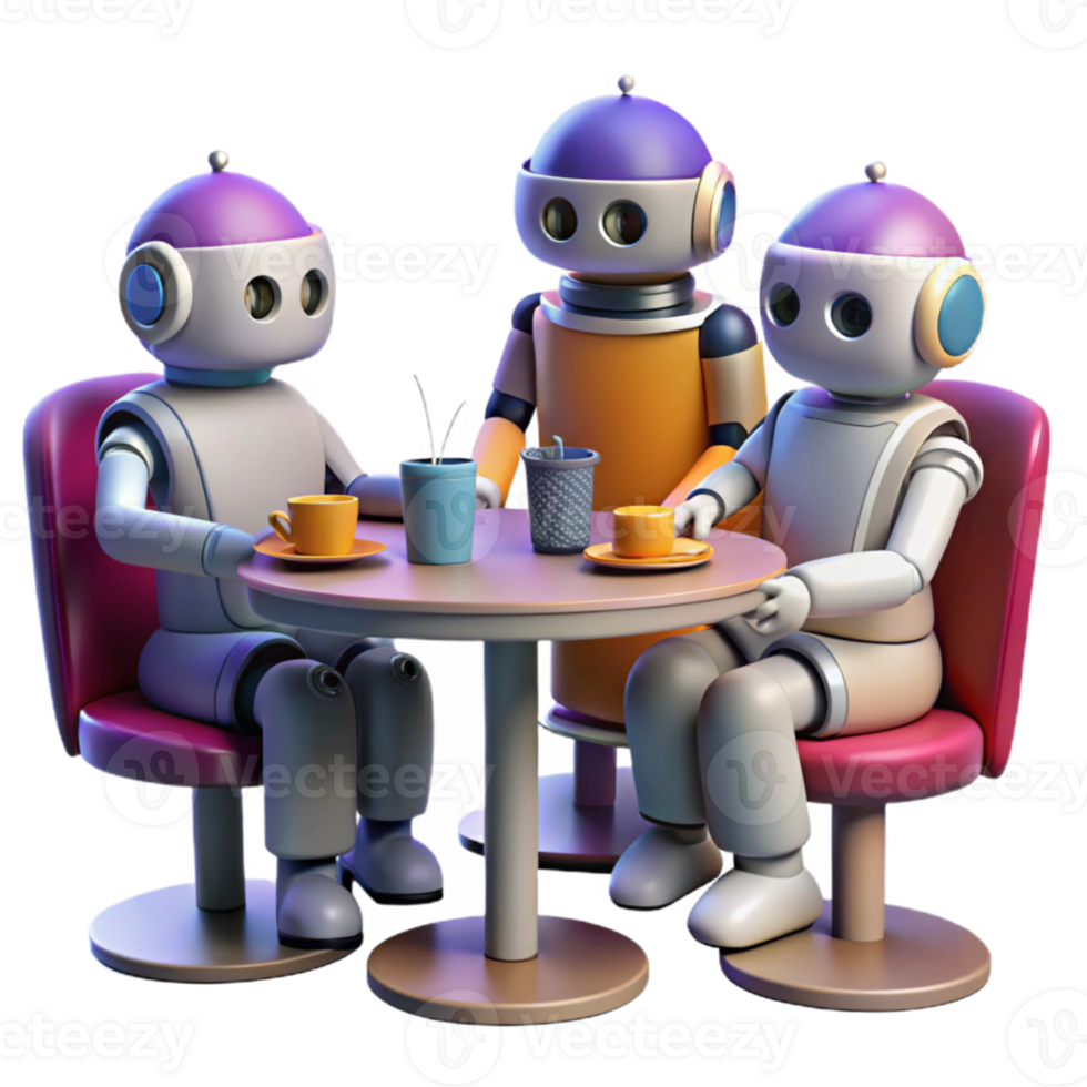 wonderful vintage magnificent modern A group of robots, each with distinct personalities and designs, engaged in a lively conversation in a futuristic diner.... png