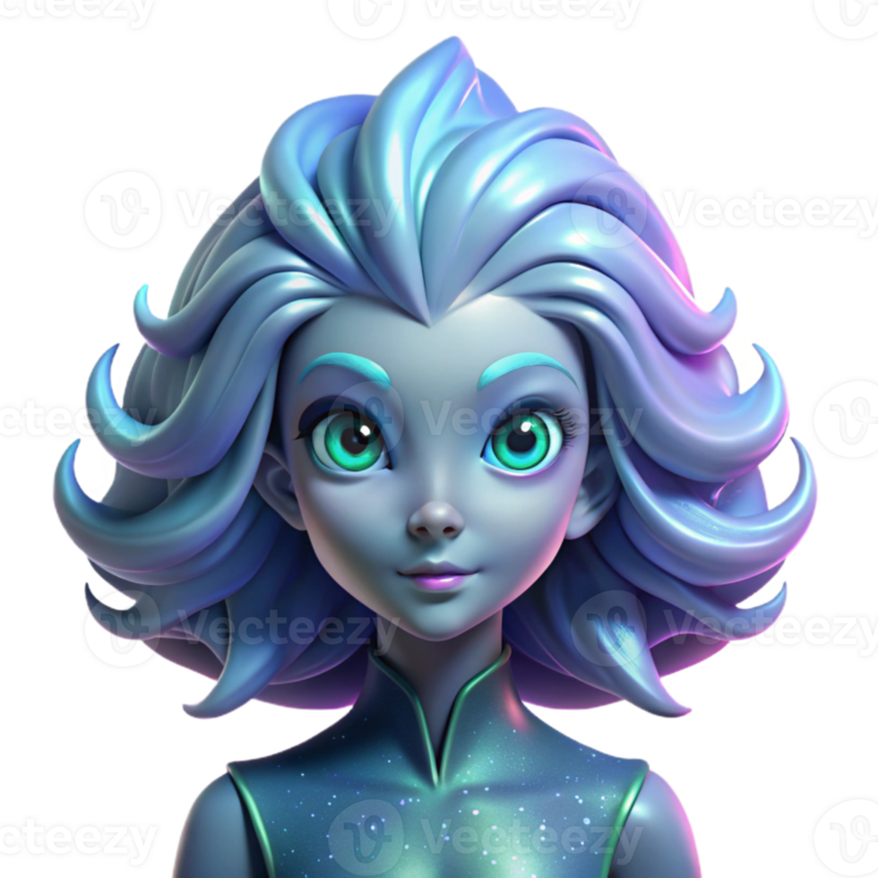 extraordinary minimalist vibrant classic A beautiful, ethereal alien with large, iridescent eyes and flowing, bioluminescent hair floats gracefully in space. Soft, dreamlike lighting.... png