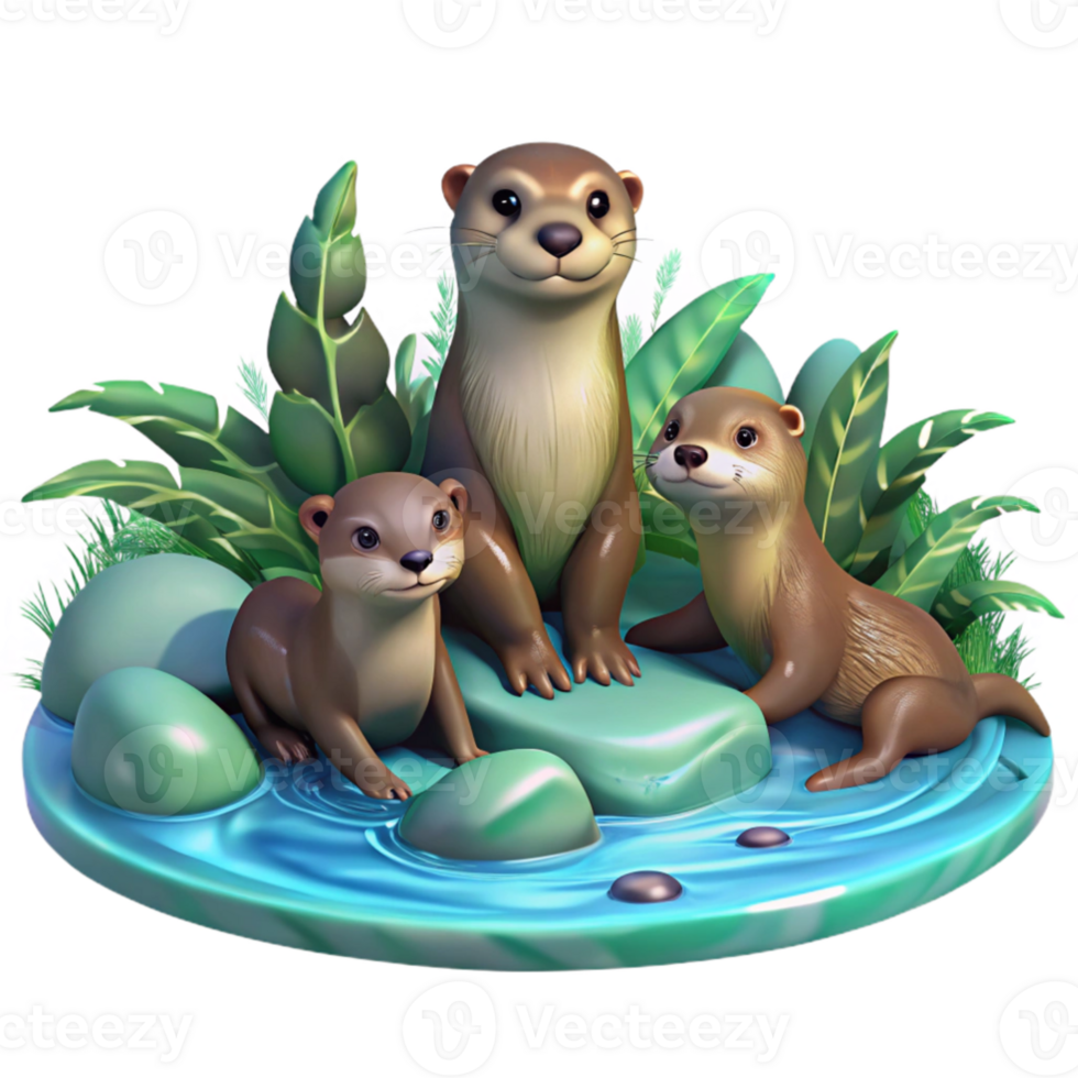 extraordinary contemporary beautiful minimalist A family of playful otters frolicking in a crystal-clear stream, dappled sunlight filtering through the leaves, impressionist style, original authentic png