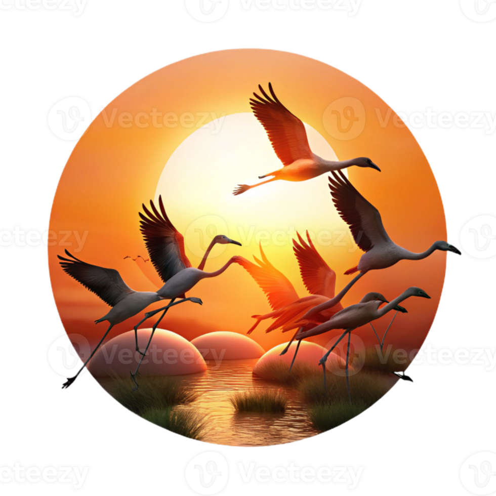 magnificent classic impressive vintage A flock of flamingos taking flight against a fiery sunset, silhouette, dramatic lighting, original professional png