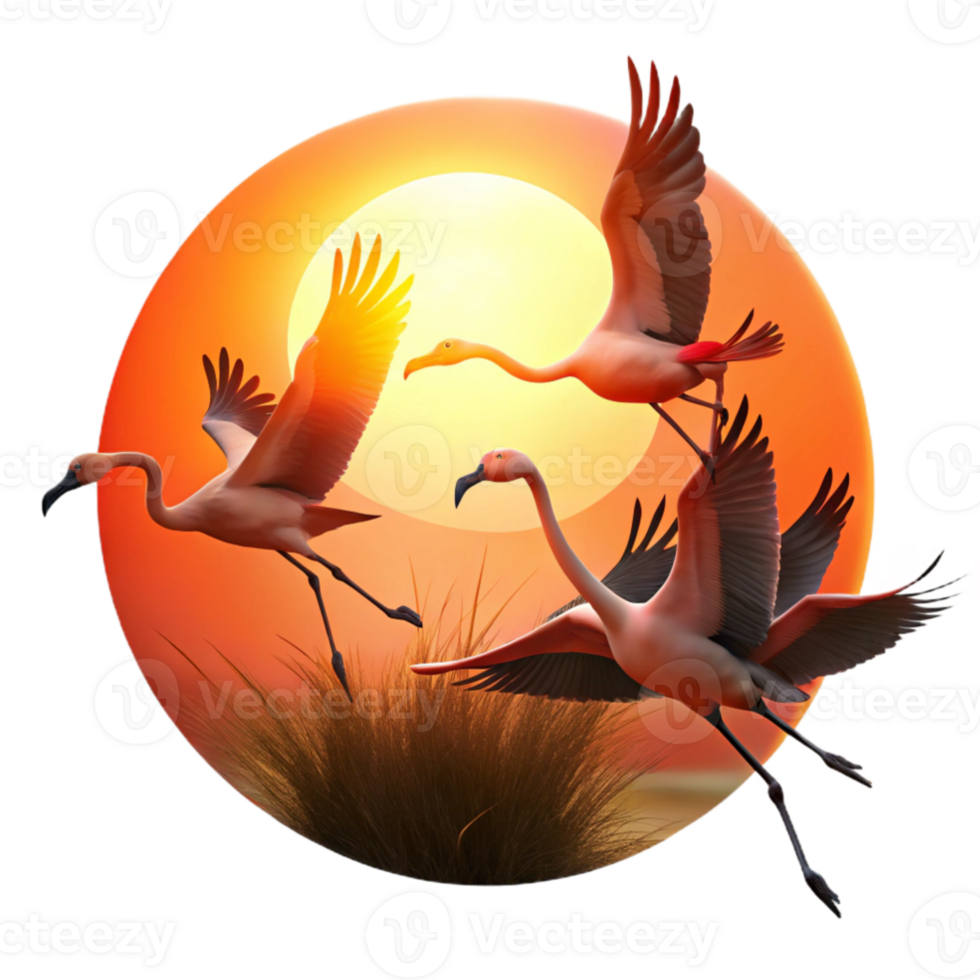 impressive abstract beautiful modern A flock of flamingos taking flight against a fiery sunset, silhouette, dramatic lighting, exclusive professional png