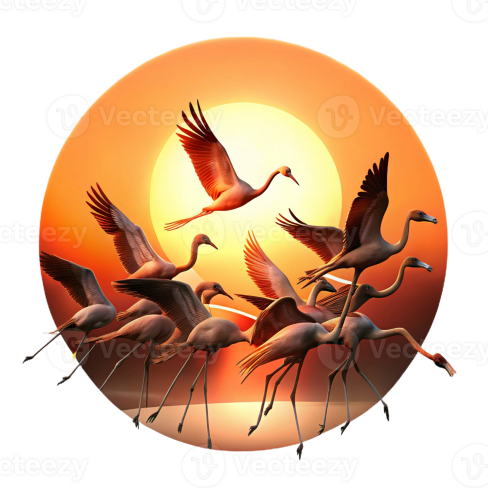 dramatic modern elegant minimalist A flock of flamingos taking flight against a fiery sunset, silhouette, dramatic lighting, genuine high resolution png