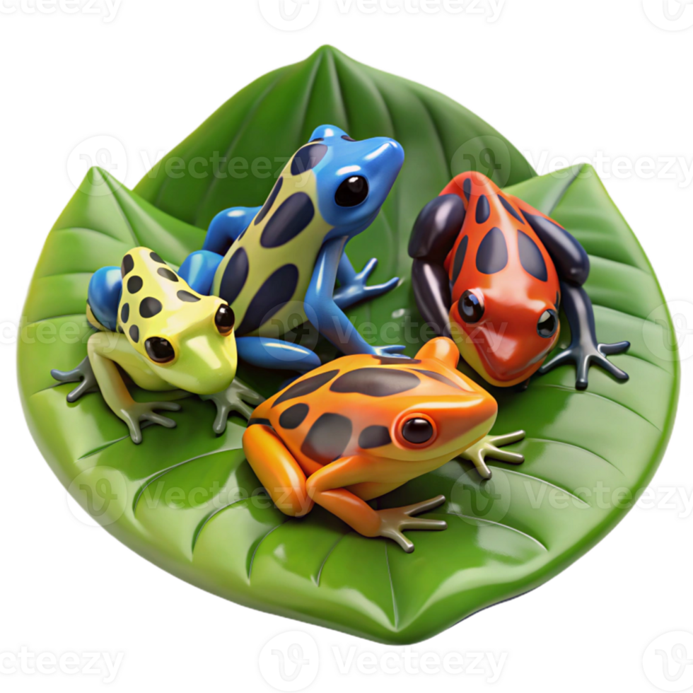 wonderful abstract serene abstract A group of colorful poison dart frogs gathered on a large leaf, rainforest setting, vibrant, macro photography, professional high quality png