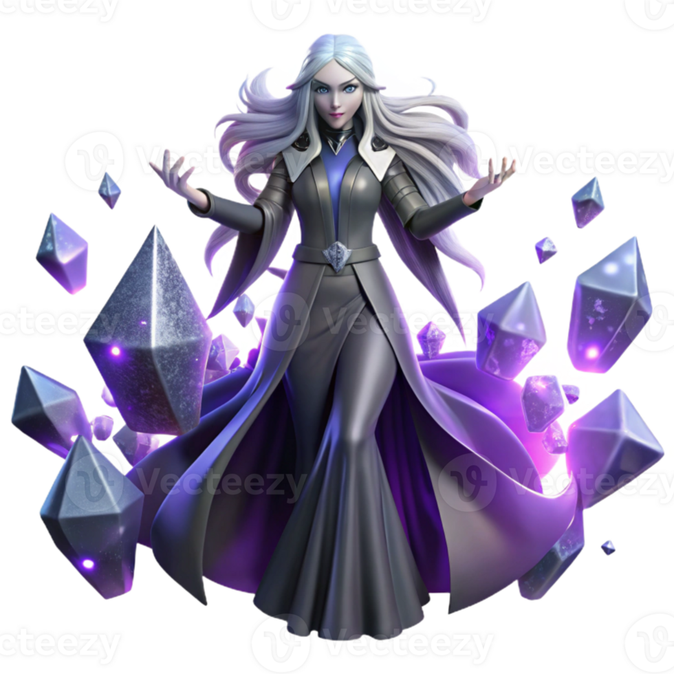 vibrant creative magnificent vintage A lone, ethereal sorceress with flowing silver hair and glowing purple eyes, levitating above shattered crystals, bathed in the iridescent light of a dying... png
