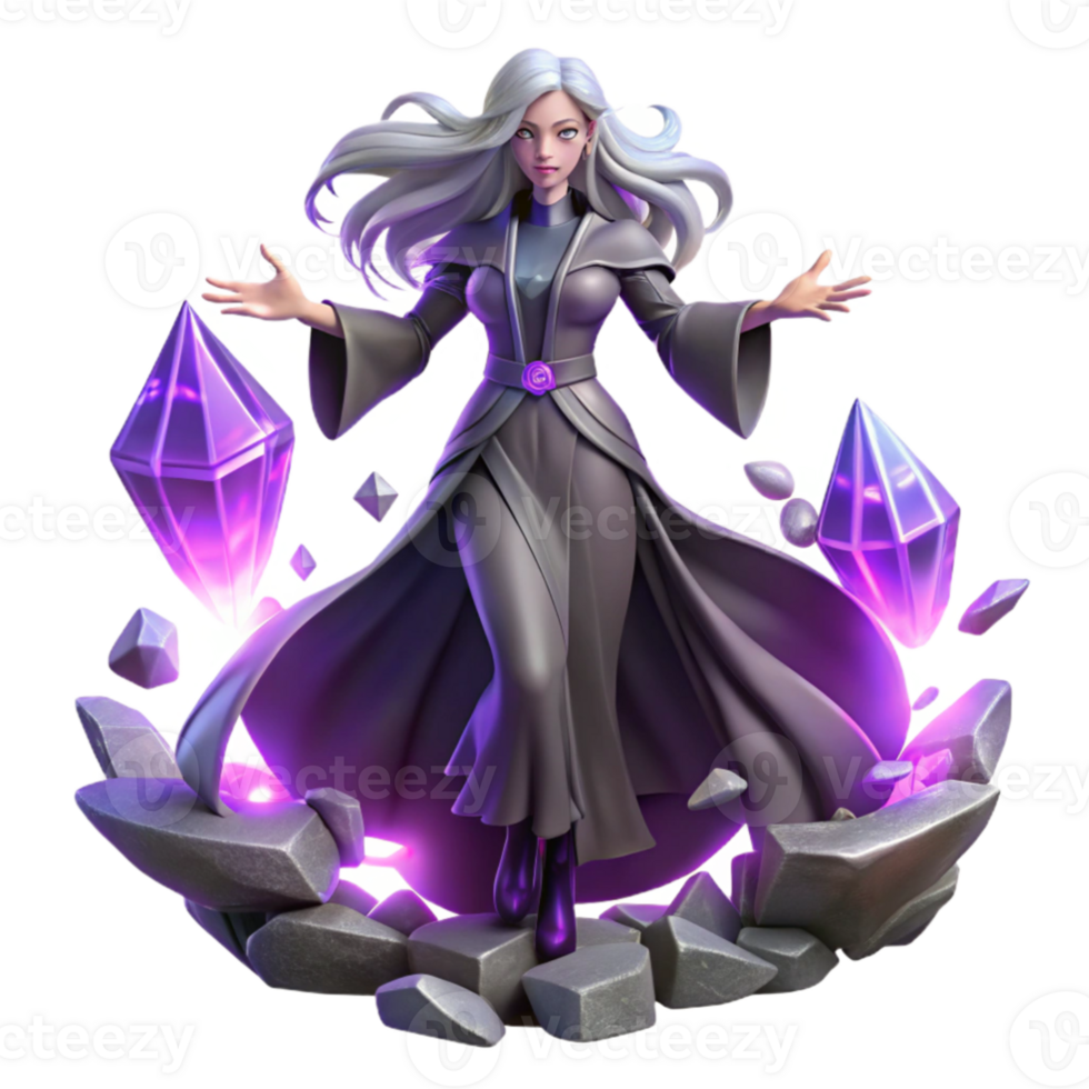 dramatic creative extraordinary abstract A lone, ethereal sorceress with flowing silver hair and glowing purple eyes, levitating above shattered crystals, bathed in the iridescent light of a dying... png