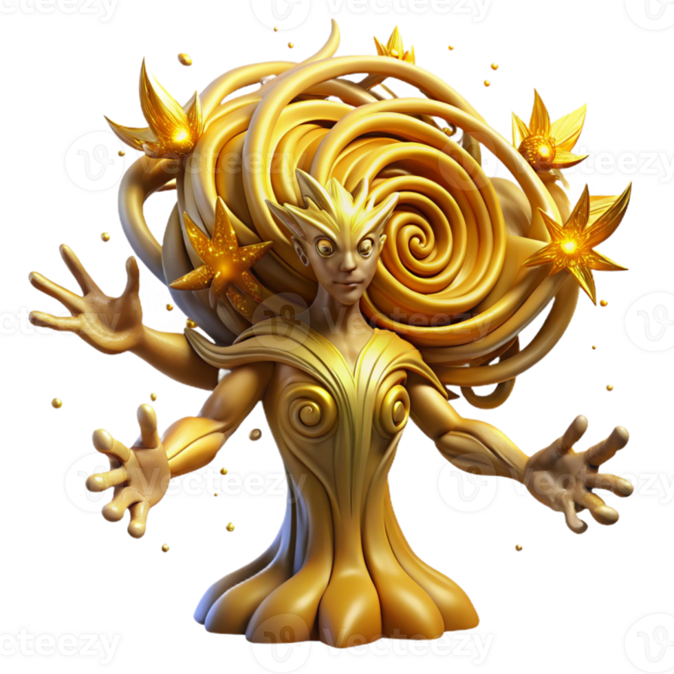 stunning abstract elegant creative A colossal, ancient tree spirit with bark made of woven starlight and leaves of pure gold, reaching towards a swirling vortex of celestial energy.... png