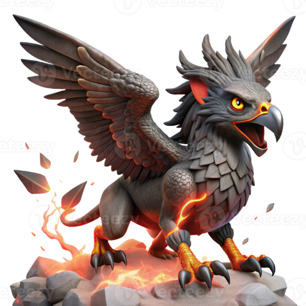 serene minimalist vibrant modern A griffin with obsidian feathers and ruby eyes, soaring through a storm of volcanic ash, lit by flashes of lightning. Digital painting style 4K 4K png