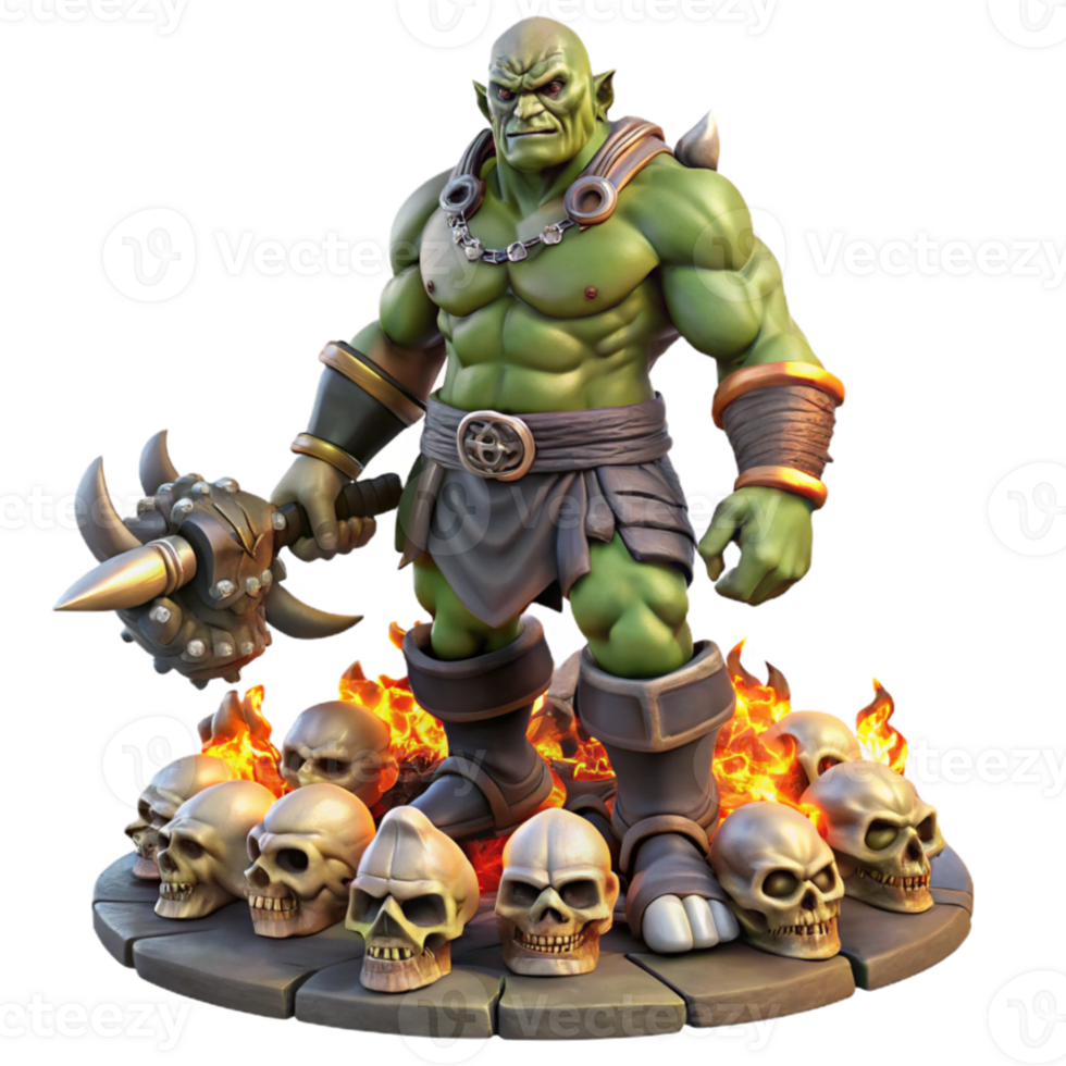 stunning rustic serene contemporary A powerful orc chieftain with intricate tribal tattoos and a massive warhammer, standing atop a pile of skulls, lit by the flickering flames of a bonfire.... png