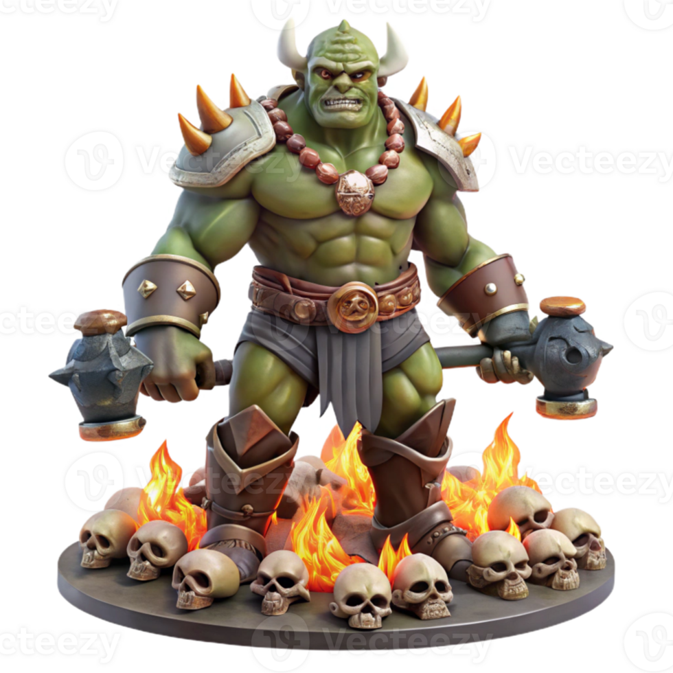 impressive abstract impressive creative A powerful orc chieftain with intricate tribal tattoos and a massive warhammer, standing atop a pile of skulls, lit by the flickering flames of a bonfire.... png