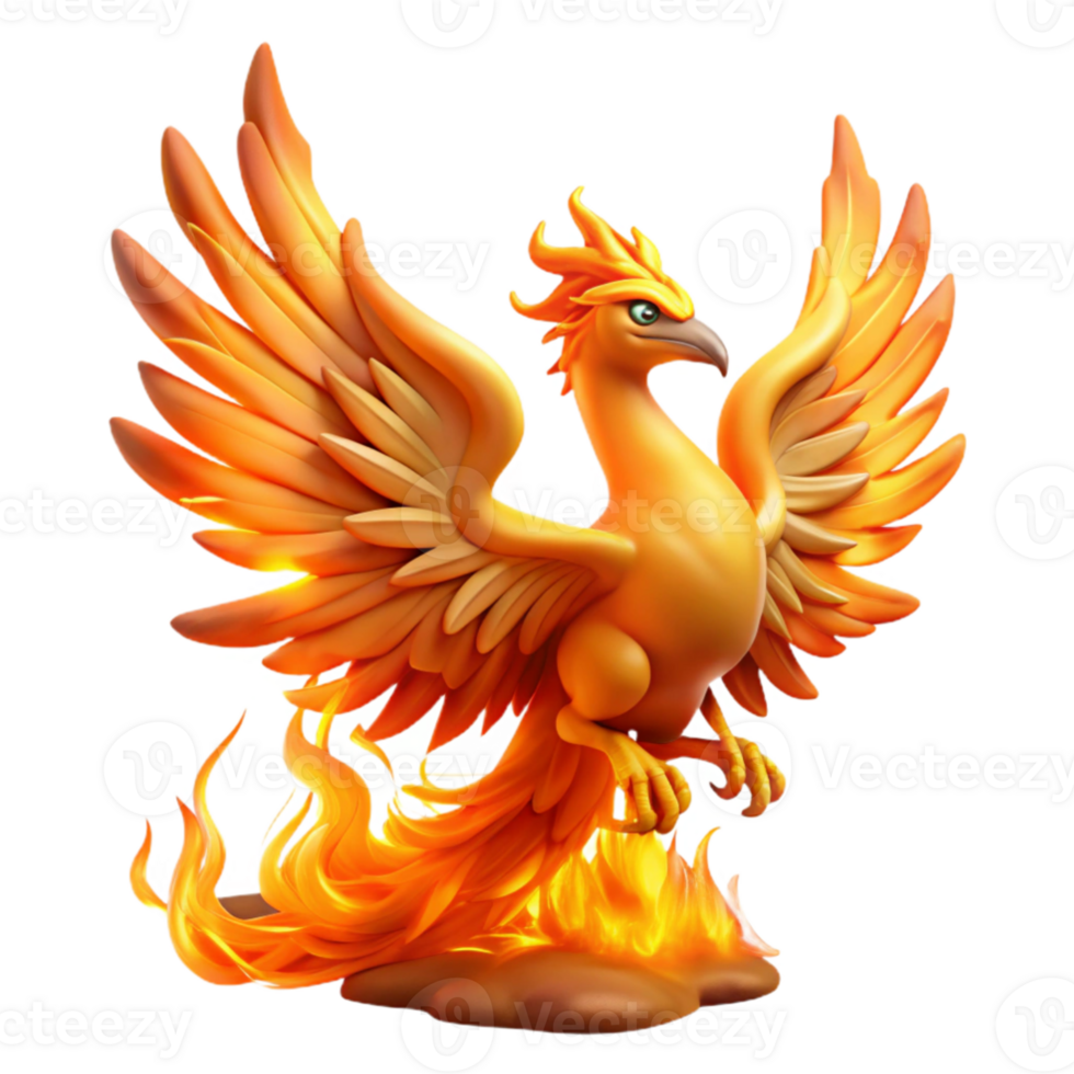 extraordinary rustic vibrant contemporary A majestic phoenix with feathers of fire and gold, rising from a pyre of burning embers, lit by the intense heat of its own flames.... png