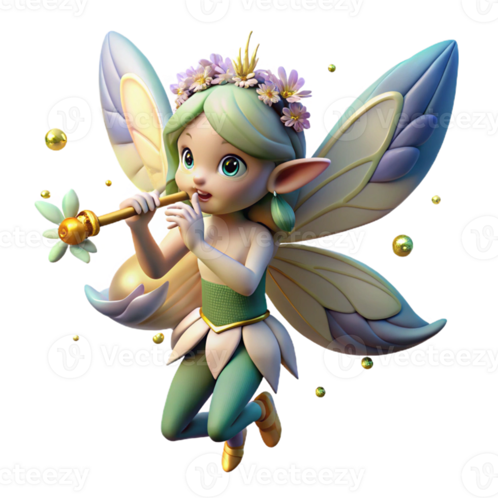 dramatic modern dramatic rustic A mischievous pixie with gossamer wings and a crown of wildflowers, playing a flute made of bone, illuminated by fireflies in a dark forest.... png