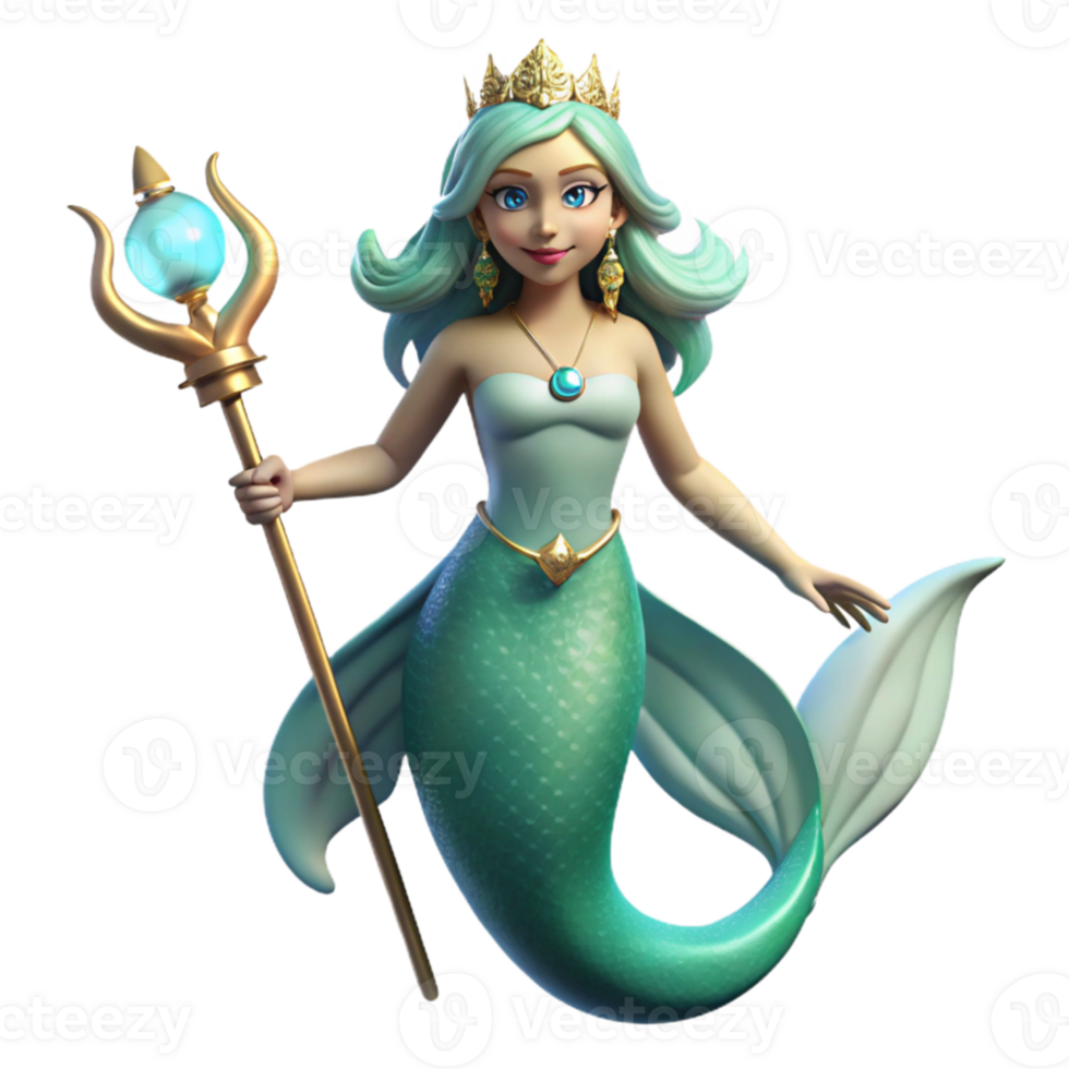 beautiful artistic serene artistic A beautiful mermaid with scales of aquamarine and emerald, holding a pearl-encrusted trident, illuminated by the refracted light of the ocean depths.... png