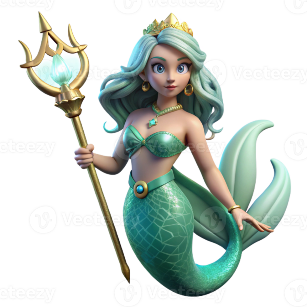 stunning artistic dramatic contemporary A beautiful mermaid with scales of aquamarine and emerald, holding a pearl-encrusted trident, illuminated by the refracted light of the ocean depths.... png