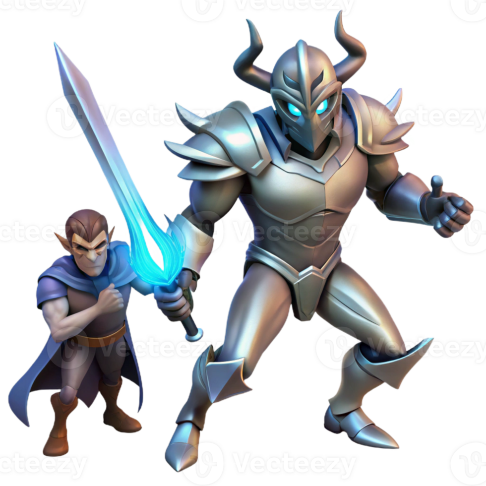 elegant artistic impressive artistic A fierce warrior with armor of polished steel and a glowing magical sword, battling a shadowy demon, lit by the clash of their powers.... png