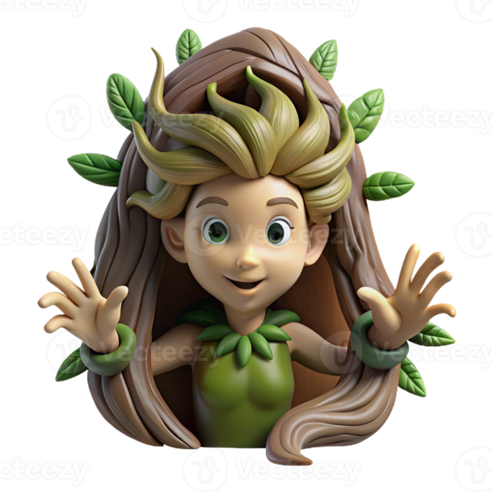 magnificent contemporary dramatic modern A playful dryad with skin of living bark and hair of trailing vines, emerging from a hollow tree, illuminated by dappled sunlight filtering through the... png