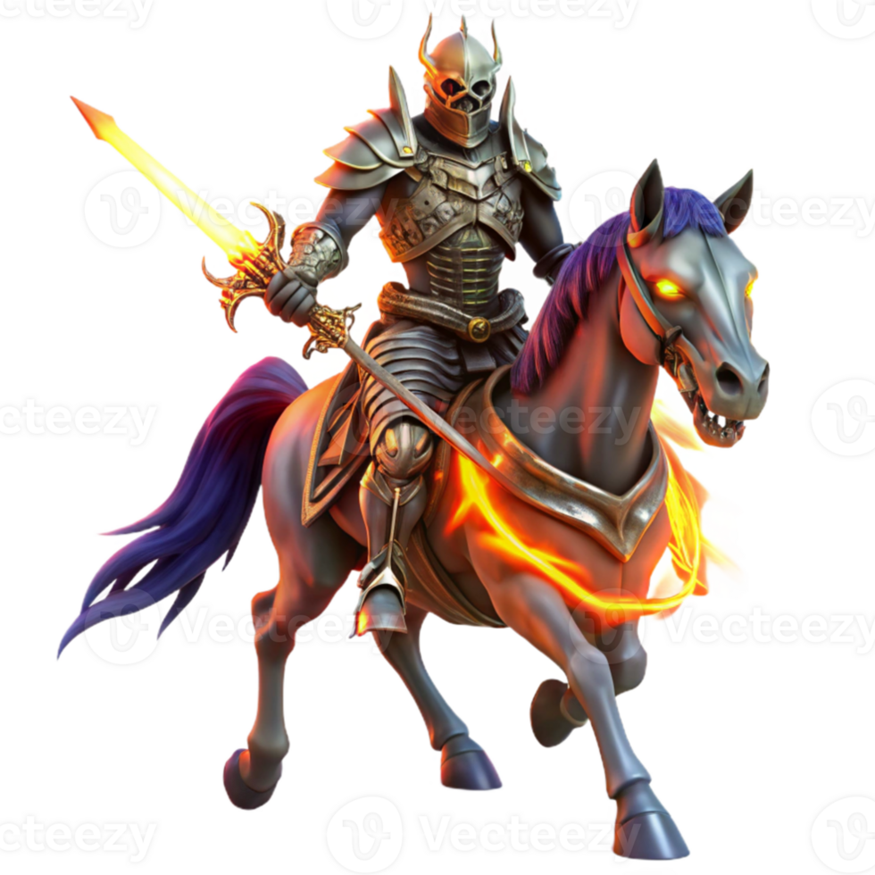 extraordinary classic dramatic rustic A spectral knight in shining armor, wielding a flaming sword, riding a skeletal steed, illuminated by the eerie glow of a ghostly battlefield.... png